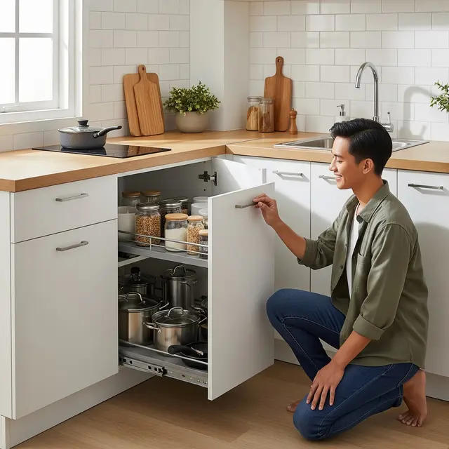Dapur dengan Pemanfaatan Rak Tarik (Pull-Out) di Pojok (Gemini AI)