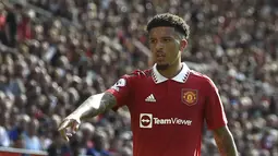 Dua gol Manchester United dicetak oleh Jadon Sancho (39') dan Bruno Fernandes (55').  (AP Photo/Rui Vieira)