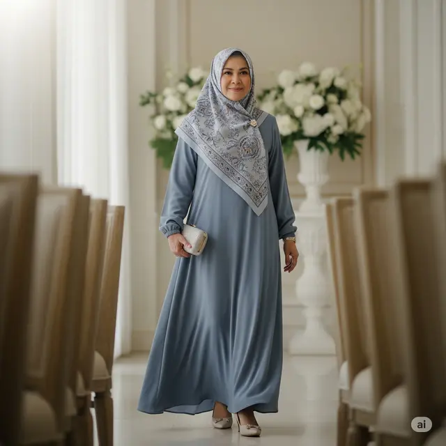 Long Dress Polos dengan Hijab Motif