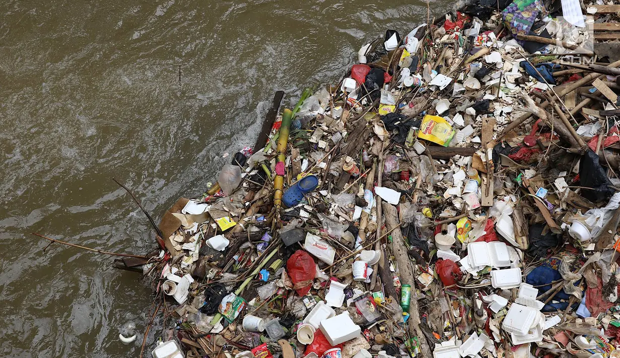 Sampah menumpuk dan menutupi sebagian aliran Kali Baru di kawasan Cibinong, Bogor, Jawa Barat, Senin (11/3). Perilaku buruk warga yang membuang sampah sembarangan menyebabkan kondisi kali dipenuhi sampah rumah tangga. (Liputan6.com/Immanuel Antonius)