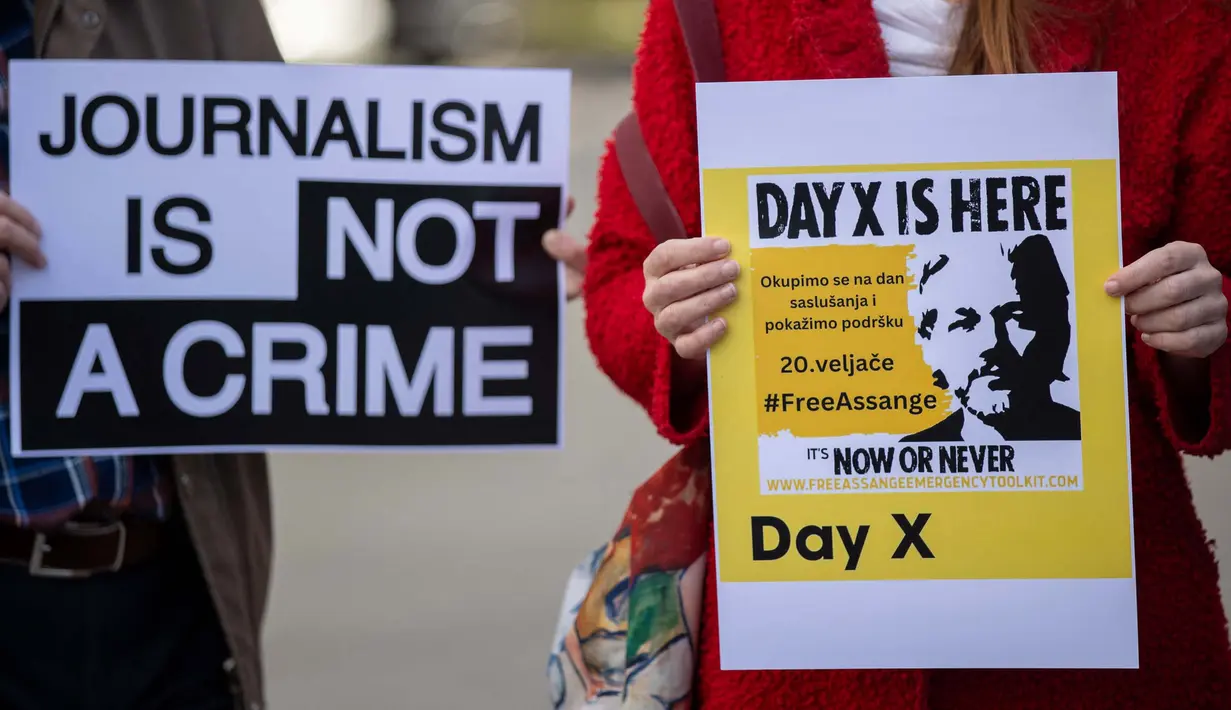 Pendiri WikiLeaks, Julian Assange tidak menghadiri persidangan di pengadilan London yang menyidangkan banding terakhirnya melawan ekstradisi ke Amerika Serikat untuk menghadapi persidangan atas tuduhan mempublikasikan berkas-berkas rahasia militer dan diplomatic dikarenakan sakit pada 20 Februari 2024. (Damir SENCAR/AFP)