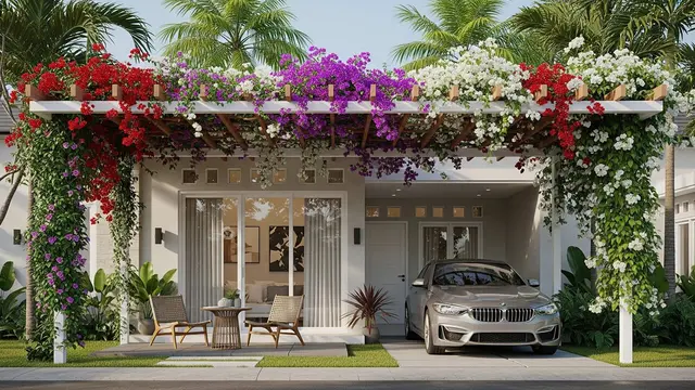 Desain Teras Sekaligus Carport dengan Tanaman Rambat