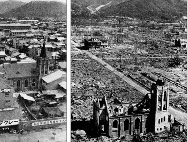 Dua buah foto sebelum dan sesudah Kota Hiroshima hancur karena bom atom pertama  yang dijatuhkan oleh Angkatan Udara AS B-29, tahun 1945. Sekitar 140.000 orang, atau lebih dari separuh penduduk Hiroshima meninggal dalam peristiwa tersebut. (AFP / PHOTO)