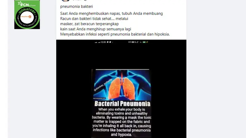 Tangkapan klaim mengenakan masker menghirup racun sebabkan infeksi pneumonia bakterial dan hipoksia