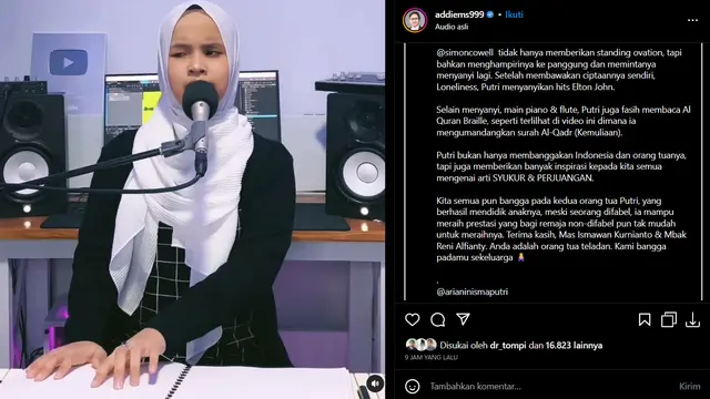 Putri Ariani Tak Hanya Merdu Saat Menyanyi, tapi Juga Fasih Baca Al-Quran Braile Hingga Tuai Pujian Addie MS. (instagram.com/addiems999)