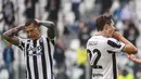Pemain Juventus, Federico Chiesa (kanan) dan Federico Bernardeschi bereaksi setelah kehilangan peluang mencetak gol ke gawang Sampdoria selama pertandingan lanjutan Liga Serie A Italia di Allianz Stadium di Turin, Italia, Minggu (26/9/2021). (Marco Alpozzi/LaPresse via AP)