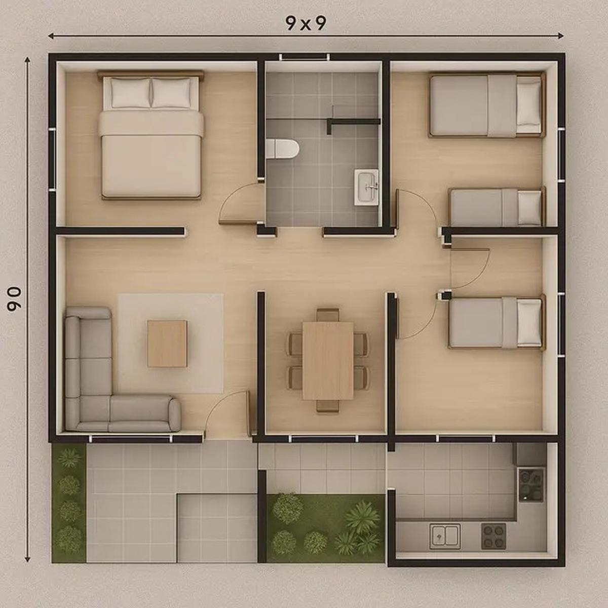 6 Denah Rumah Sederhana 9x9 3 Kamar dengan Gaya Minimalis Tren 2025
