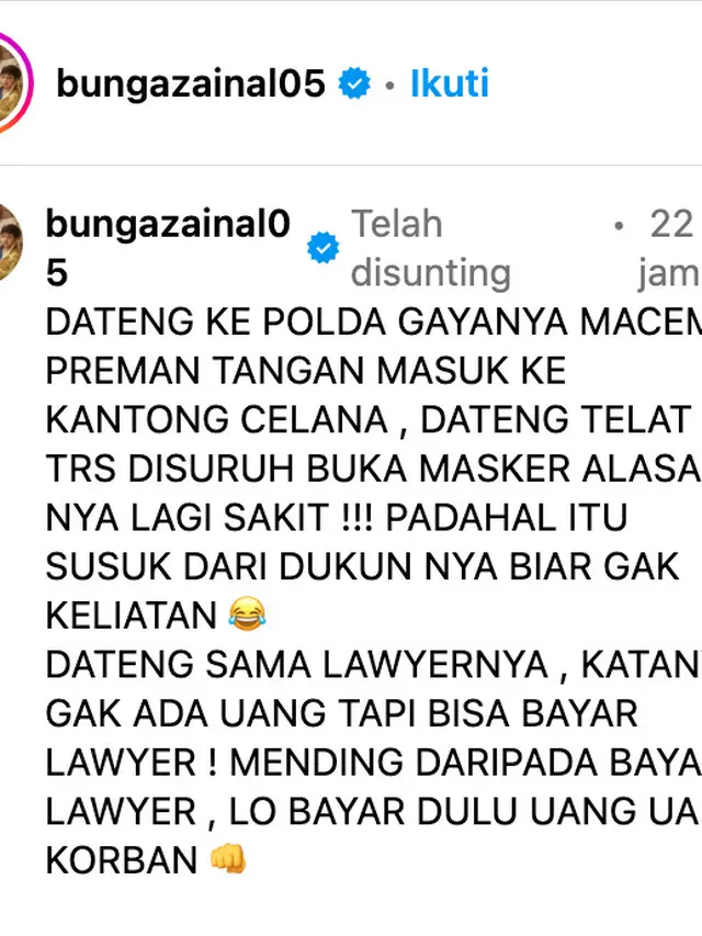 Unggahan Bunga Zainal. (Foto: Dok. Instagram @bungazainal05)
