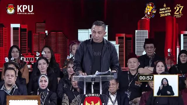 Calon gubernur (Cagub) nomor urut 2 Dharma Pongrekun saat debat terakhir atau debat ketiga Pilkada Jakarta 2024.
