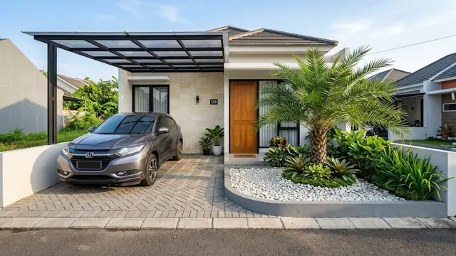 Desain Halaman Depan 3x4 Meter dengan Carport dan Taman Mini