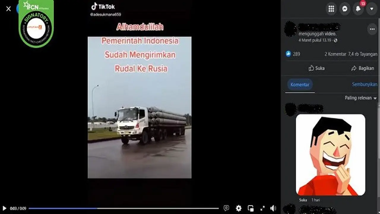 Gambar Tangkapan Layar Video yang Diklaim Indonesia Telah Mengirimkan Rudal ke Rusia (sumber: Facebook).