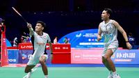 Ganda putra Indonesia Fajar Alfian/Muhammad Shohibul Fikri mengalahkan pasangan China Huang Di/Liu Yang di babak 32 besar China Masters 2025. Fajar/Fikri menang 21-10 dan 21-17 di Shenzhen Arena, Selasa (16/9). (foto: PBSI)
