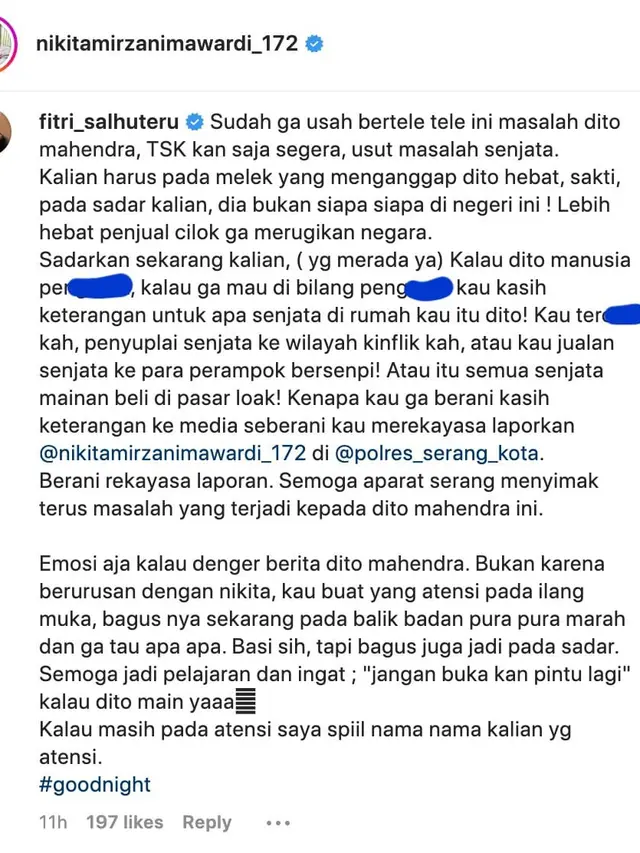 Cuitan Fitri Salhuteru sahabat Nikita Mirzani soal temuan 15 pucuk senpi di rumah Dito Mahendra. (Foto: Dok. Instagram @nikitamirzanimawardi_172)