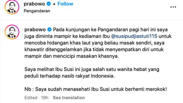 Unggahan Prabowo. (Foto: Dok. Instagram @prabowo)