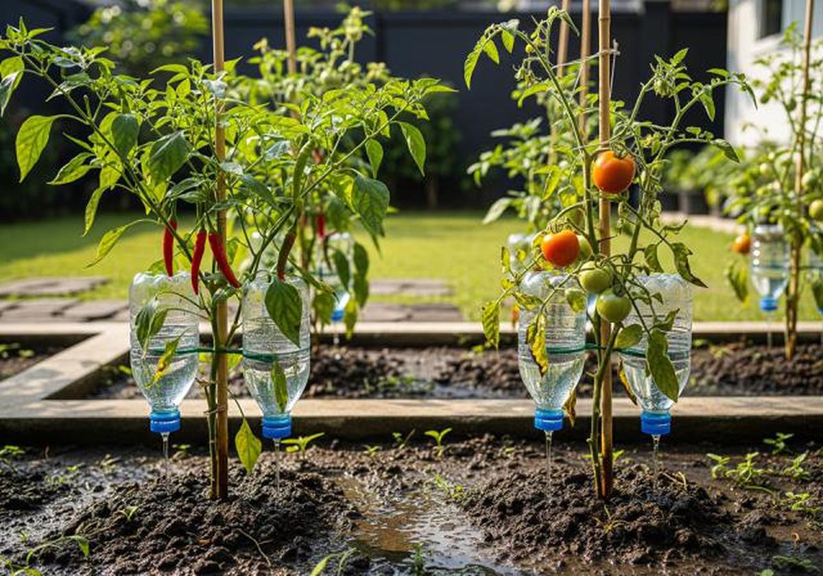 Irigasi Botol Ganda untuk Tanaman Besar/Ide Kebun di Halaman dengan Pengairan Otomatis dari Botol Bekas (Sumber: gemini.com)