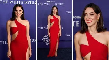 Foto kolase Aubrey Plaza saat menghadiri Premiere Musim 2 Los Angeles Seri Asli HBO "The White Lotus" di Goya Studios di Los Angeles, California pada 20 Oktober 2022. (AP Photo/Chris Pizzello)