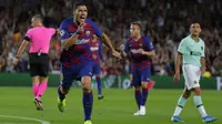 Selebrasi Luis Suarez saat mencetak gol kemenangan Barcelona atas Inter Milan di ajang Liga Champions (AP)