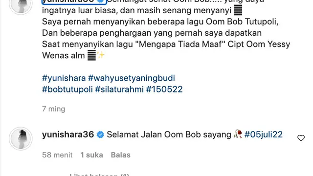 Unggahan Yuni Shara tentang Bob Tutupoly. (Foto: Dok. Instagram @yunishara36)