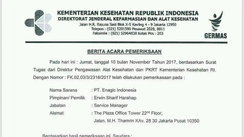 Surat BAP Kangen Water oleh Kemenkes