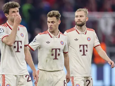 Ekspresi para pemain Bayern Munchen setelah pertandingan leg pertama perempat final Liga Champions 2024/2025 melawan Inter Milan di Munich, Jerman, pada 8 April 2025 atau Rabu 9 April 2025 dini hari WIB. (Alexandra BEIER/AFP)