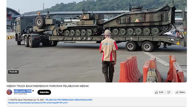 Tangkapan layar akun YouTube selat sunda 766hi klaim video kendaraan perang dikirim ke Pulau Rempang