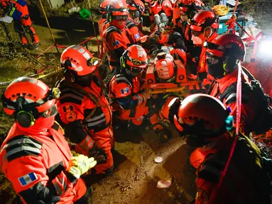 Anggota pemadam kebakaran sukarela berpartisipasi dalam latihan gempa di Guatemala City pada 2 Februari 2023. Kegiatan ini dilakukan jelang peringatan gempa tahun 1976 yang menewaskan 23.000 orang. (AFP/Johan Ordonez)