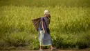 Seorang wanita etnis Khasi membawa keranjang bambu tradisional di punggungnya berbicara di ponselnya saat kembali ke rumah setelah bekerja di sawah di desa Umwang, di sepanjang perbatasan negara bagian Assam-Meghalaya, India, Rabu (27/10/2021). (AP Photo/Anupam Nath)