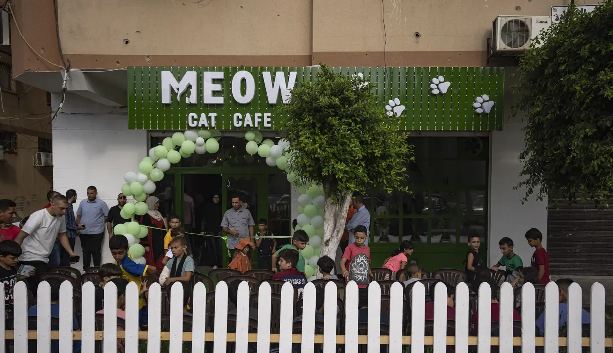 Warga Palestina berkumpul untuk upacara pembukaan Kafe Meow di Kota Gaza, Kamis, 17 Agustus 2023. (AP Photo/Fatima Shbair)