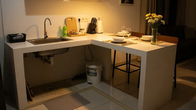 Inspirasi Dapur dengan Bak Cuci Piring Sudut yang Hemat Ruang dan Tidak Becek Model dengan Meja Bar