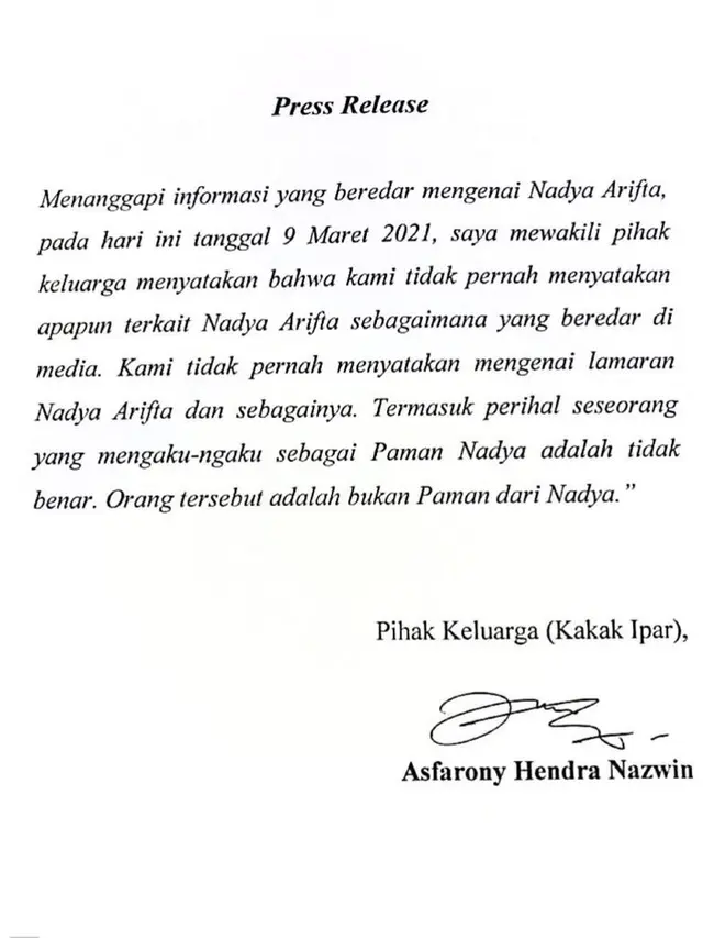 Kakak Ipar Bantah Pengakuan Pria yang Sebut Dirinya Paman Nadya Arifta