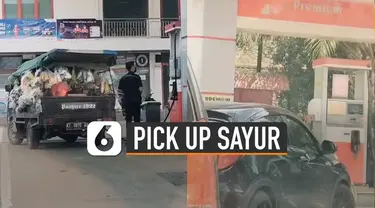 kejadian unik terjadi ketika mobil pick up berisi sayur mengisi bahan bakar pertamax dan mobil mewah justru antri mengisi bahan bakar premium.