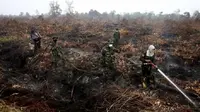 Sejumlah anggota TNI bahu membahu memadamkan kebakaran lahan gambut di Jambi tahun 2015 lalu. (Liputan6.com/B Santoso)
