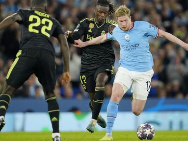 Pemain asal Belgia itu menjadi sutradara dari serangan-serangan yang dilancarkan City ke pertahanan Real Madrid. Kevin De Bruyne berperan langsung terhadap dua dari empat gol City ke gawang Madrid. (AP Photo/Jon Super)