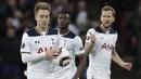 Gelandang Tottenham, Christian Eriksen, merayakan gol yang dicetaknya ke gawang Gent. Gol yang diciptakan oleh Tottenham dibukukan Eriksen menit ke-10 dan juga oleh Vincent Wanyama menit ke-61. (AP/Matt Dunham)