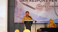 Bupati Garut Rudy Gunawan menyampaikan peringatan mengenai ancaman kekeringan selepas pertemuan koordinasi dan evaluasi pelaksanaan deteksi kini, perpentif dan respon penyakit TK Garut. (Liputan6.com/Jayadi Supriadin)