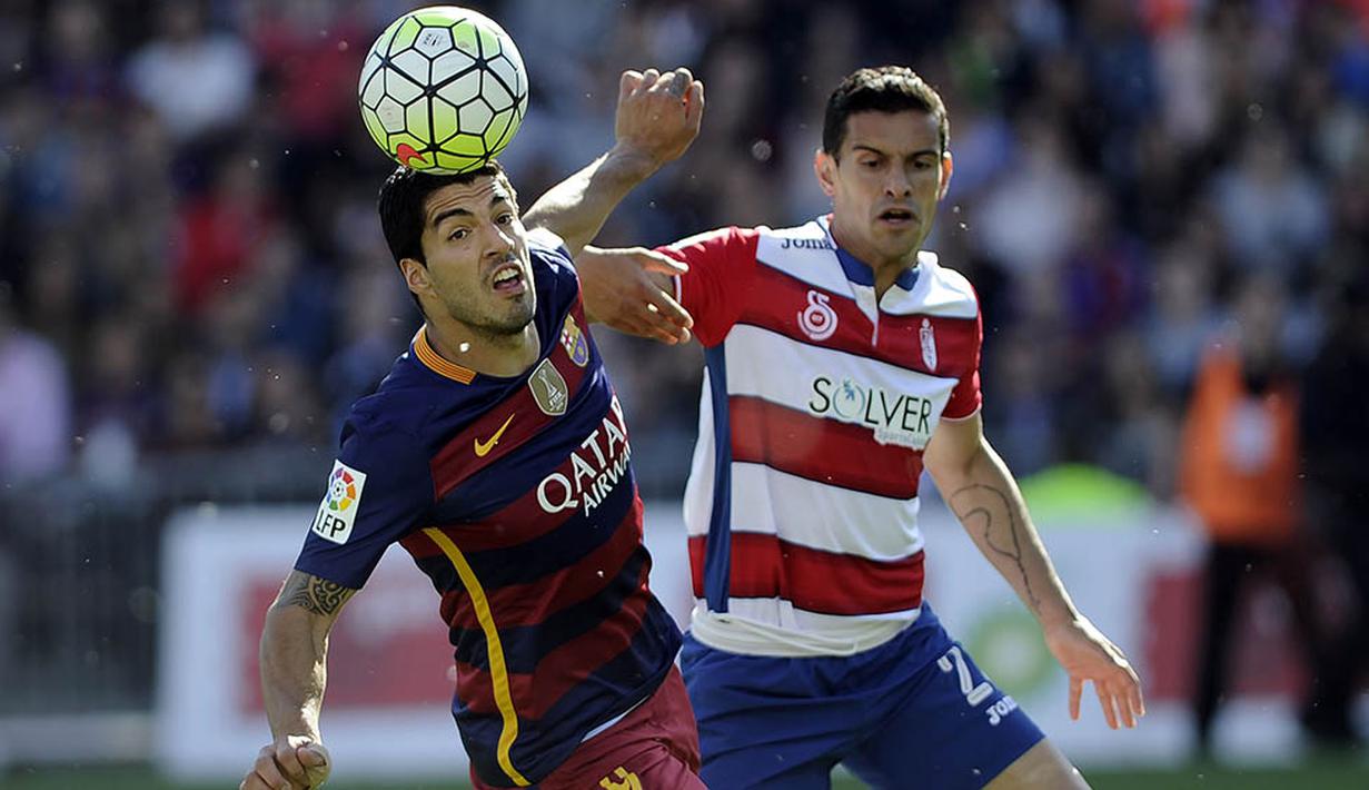 Striker Barcelona, Luis Suarez, berebut bola dengan bek Granada, Yrondu Musavu-King, pada laga La Liga Spanyol. Bomber asal Uruguay ini menjadi bintang pada laga pamungkas ini usai mencetak hat-trick. (AFP/Cristina Quicler)