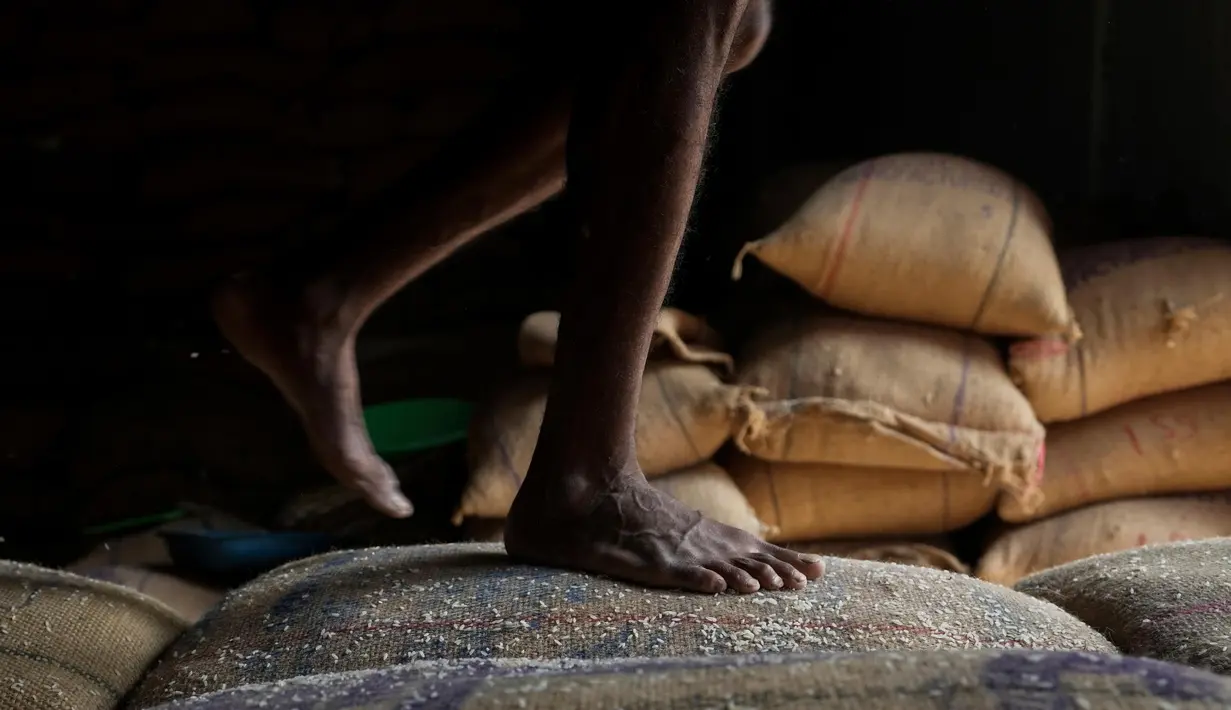 Seorang pekerja berjalan di atas karung beras saat menurunkannya di sebuah gudang di Hyderabad, India, Rabu, 1 Februari 2023. Pemerintah Perdana Menteri India Narendra Modi berencana meningkatkan belanja modal sebesar 33% menjadi $122 miliar dalam anggaran tahunan yang diajukan ke Parlemen untuk memacu pertumbuhan ekonomi dan menciptakan lapangan kerja menjelang pemilihan umum tahun depan. (AP Photo/Mahesh Kumar A.)