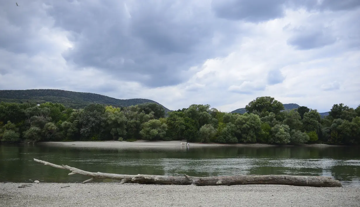 Ketinggian air Sungai Danube di Pocsmegyer dekat Budapest, Hungaria (9/8/2022). Ketinggian air Sungai Danube turun satu setengah meter dalam tiga minggu di dekat Budapest, sementara prakiraan hidrologi menunjukkan bahwa tidak ada penambahan curah hujan yang diharapkan untuk saat ini. (AP Photo/Anna Szilagyi)