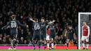 Para pemain CSKA Moscow merayakan gol yang dicetak oleh Aleksandr Golovin ke gawang Arsenal pada laga perempat final Liga Europa, di Stadion Emirates, Kamis (5/4/2018).  Arsenal menang 4-1 atas CSKA Moscow. (AP/Tim Ireland)