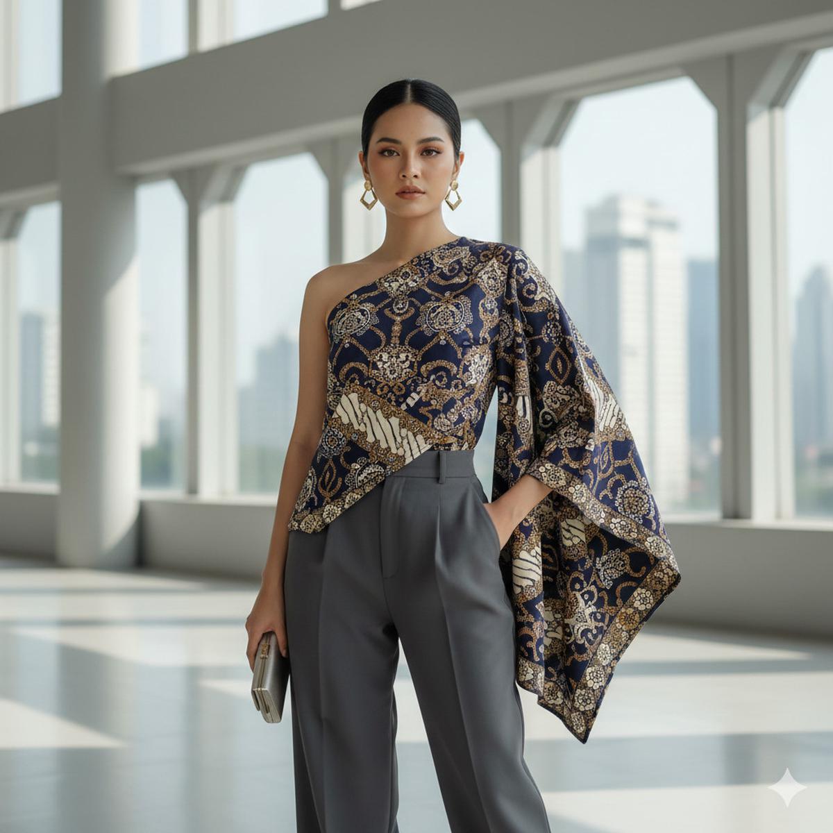 Atasan Batik One-Shoulder Asymmetric Top