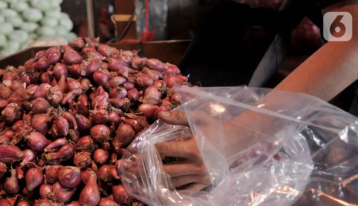 Aktivitas pedagang merapikan bawang merah di Pasar Induk Kramat Jati, Jakarta, Rabu (17/6/2020). Penerapan PSBB yang diberlakukan sejak April-Juni 2020 menyebabkan harga bawang merah merangkak naik Rp 45 ribu-Rp60 ribu per kilogram akibat kelangkaan di daerah pemasok. (merdeka.com/Iqbal S. Nugroho)
