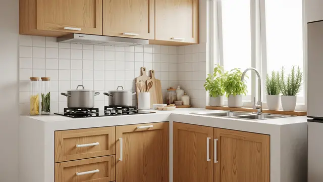 Dapur Mungil yang Clean Look dengan Kabinet Kayu Terang