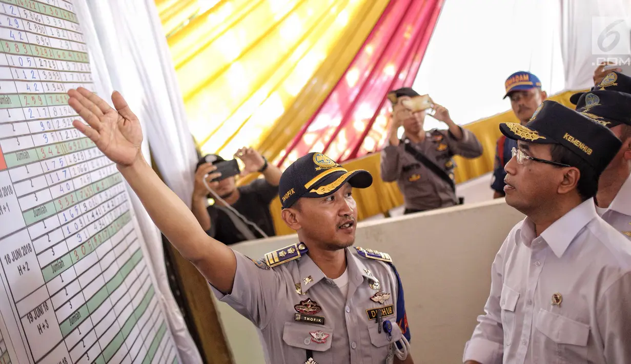 Menhub Budi Karya Sumadi (kanan) mendengar penjelasan Pelaksana Harian Terminal Kampung Rambutan Thofik Winanto saat meninjau kesiapan arus balik Lebaran di Terminal Kampung Rambutan, Jakarta, Selasa (19/6). (Liputan6.com/Faizal Fanani)