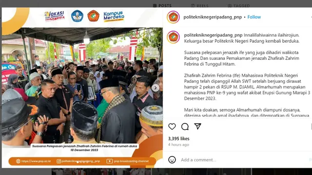 Salah satu pendaki perempuan korban erupsi Gunung Marapi pada Minggu 3 Desember 2023 bernama Zhafirah Zahrim Febrina meninggal dunia usai dirawat selama 2 minggu, tepatnya pada Minggu 17 Desember 2023.
