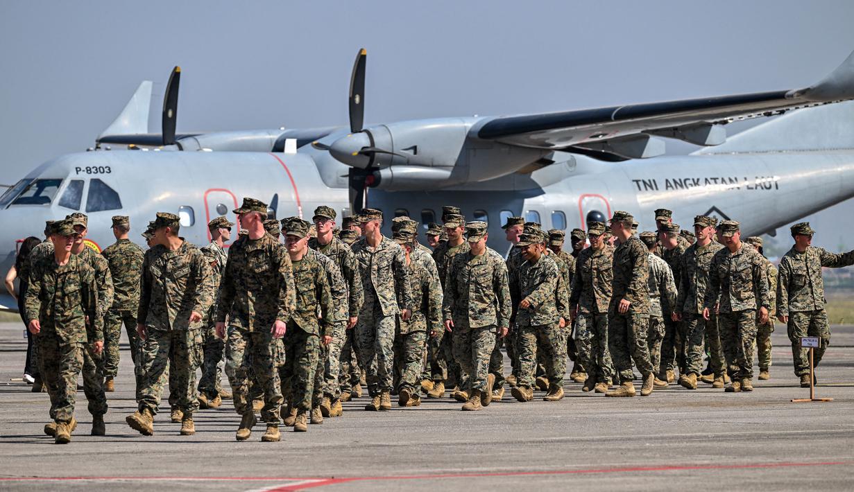 Latihan Gabungan Super Garuda Shield 2024 diselenggarakan secara serentak di empat kota: Surabaya, Jakarta, Baturaja (Lampung) dan Situbondo. (JUNI KRISWANTO/AFP)