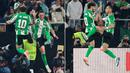 Pemain Real Betis, Antony dan Abde Ezzalzouli, melakukan selebrasi setelah mencetak gol ke gawang Lyon pada laga Liga Europa di Estadio La Cartuja, Jumat (7/11/2025) dini hari WIB. (AFP/Cristina Quicler)