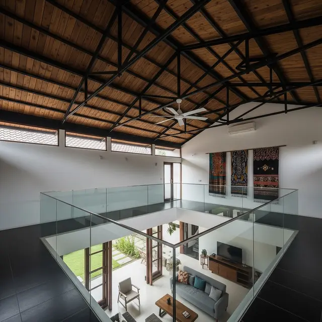 Model Rumah Mezzanine Atap Tinggi dengan Plafon Ekspos