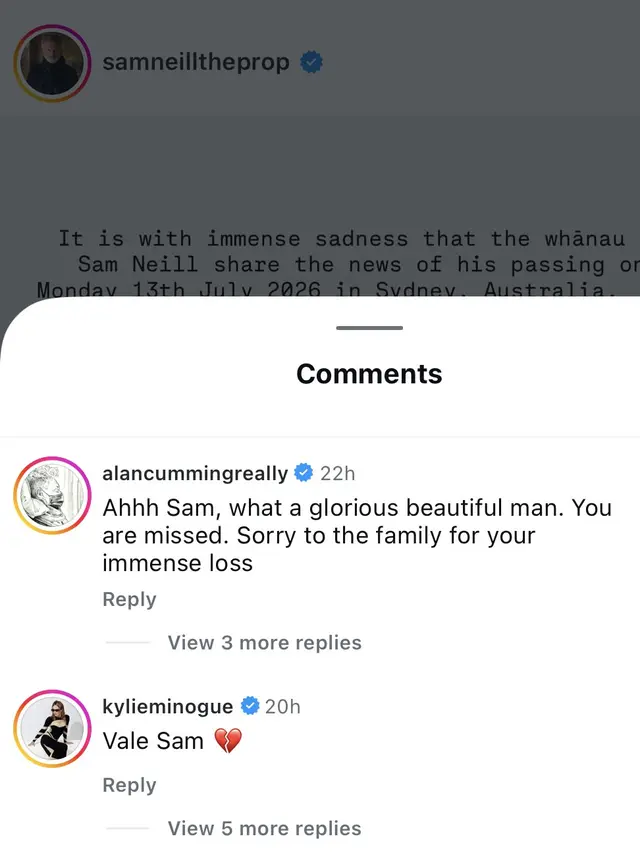 Komentar Alan Cumming dan Kylie Minogue di unggahan kepergian Neill. (Instagram/samneilltheprop)