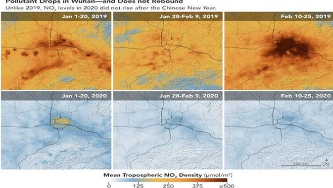 Efek Corona, 6 Citra Satelit Nasa Ini Tunjukkan Perkembangan Udara Makin Bersih (sumber: NASA)