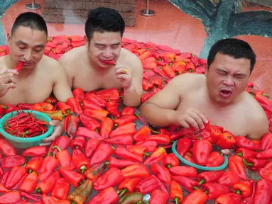 Para peserta memakan cabai sambil berendam dalam gentong berisi air dan ratusan cabai di Ningxiang, Provinsi Hunan, Tiongkok, 12 Agustus 2017. Kompetisi makan cabai ini digelar untuk mendongkrak popularitas pariwisata di Provinsi Hunan. (STR / AFP)